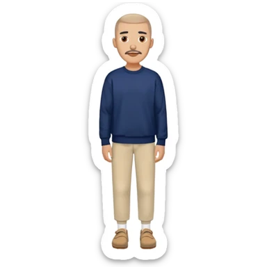 Un homme avec une buzz cut , un bouc une moustache des yeux marrons une boucle d’oreille. Habillé avec un sweat bleu marine et un pantalon blanc et des birk beige  sticker
