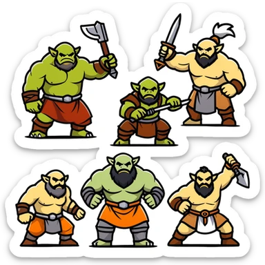Lineage 2 fantasy characters with Orc warrior, Kamael fighter, Artea dancer, and Dwarven blacksmith sticker