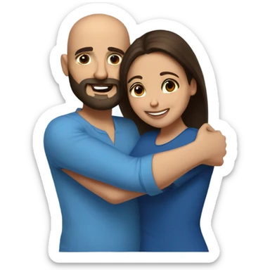 Comforting hug from brunette Puerto Rican with dark brown eyes wearing a cute blue blouse to short, bald man with brown eyes, laugh lines, and a beard sticker