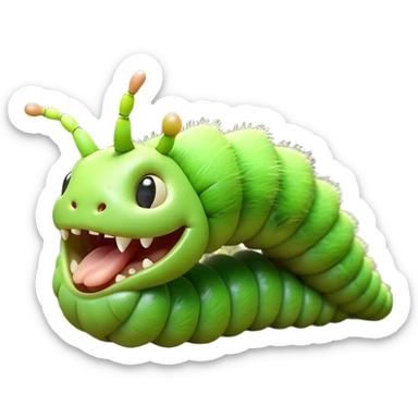 Cinematic Realistic Cute Yawning Caterpillar Portrait Emoji, Head tilted slightly with a dramatic, wide-open yawn, showcasing a soft, downy segmented body in vivid green with subtle drooping and half-closed, drowsy eyes, rendered with intricate natural texture and gentle shadows, high shine, relaxed yet expressive, styled with a dash of woodland charm, soft glowing outline, capturing the essence of a sleepy yet affectionate caterpillar that appears ready to stretch out and rest among the leaves! sticker