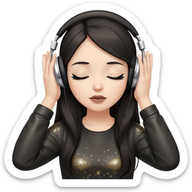 Girl with long dark hair, fair skin tone, wearing a black leather top, has glitter on her eyelids, and taupe lipstick, wearing white headphones, her hands are on her ears, and her eyes are slightly close sticker