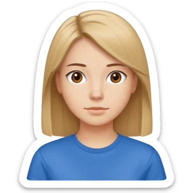 young brawn-eyed woman with straight hair with a blue t-shirt with  sticker