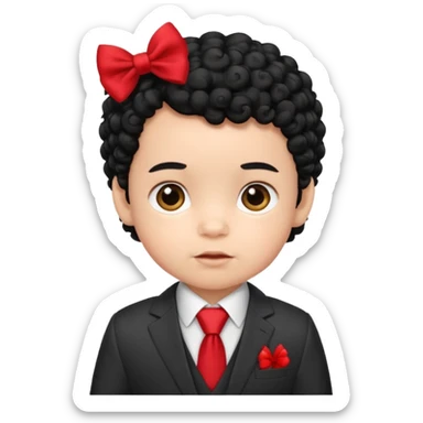 baby boy curly black hair in suit, with red bow sticker