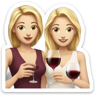 White woman with brown hair and brown eyes toasting with a red wine together with white woman with blond hair and blue eyes with red wine sticker
