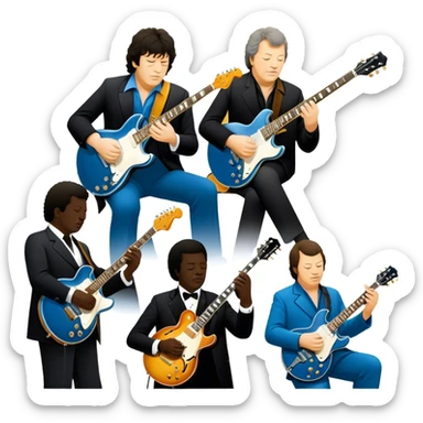 Icon for Blues Music: collage of legendary blues artists. Gary Moore, Eric Clapton, B.B. King and Joe Cocker. Represented by silhouettes or symbolic items like guitars, microphones, or music notes, reflecting the soulful energy of blues music. Transparent background. sticker