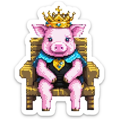 ultra-minimal pixel art pig with a golden crown sitting on a throne, blocky and square like Minecraft, inspired by Technoblade sticker