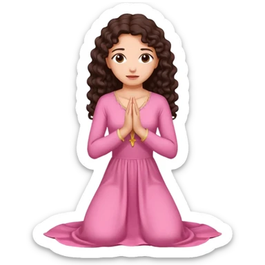 A woman kneeling praying, in a long pink dress, long curly dark brown hair sticker