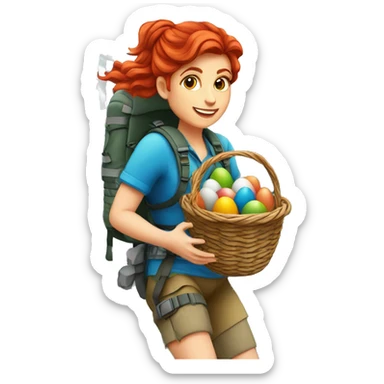 Female mountaineer red hair climbing with Easter eggsbasket and Greek flag sticker