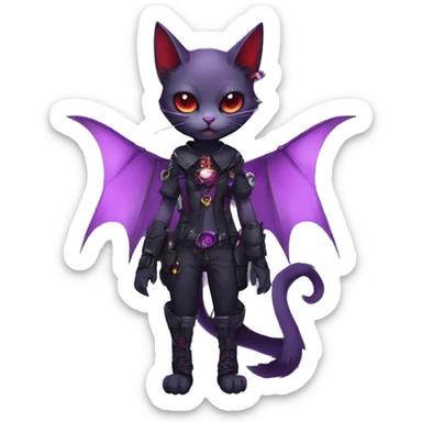 cool kawaii edgy evil techwear black purple red ethereal fantasy beautiful elegant bat-cat-Fakemon wearing legs spats a collar harness with jewelries full body sticker