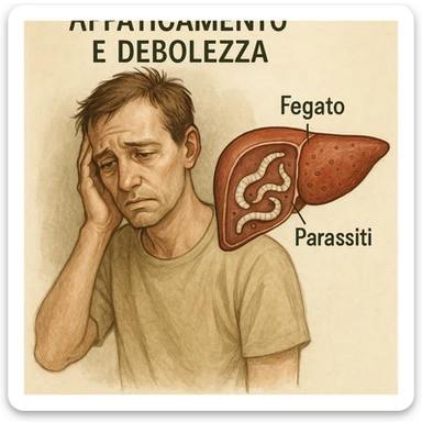 realistic medical illustration of a person looking fatigued and weak, with a stylized cross-section of the liver showing parasites, educational and respectful, with Italian labels, no explicit details sticker