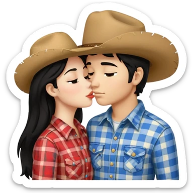 A black haired girl, witb white skin, kissing a boy in a cowboy hat and llaid shirt  sticker