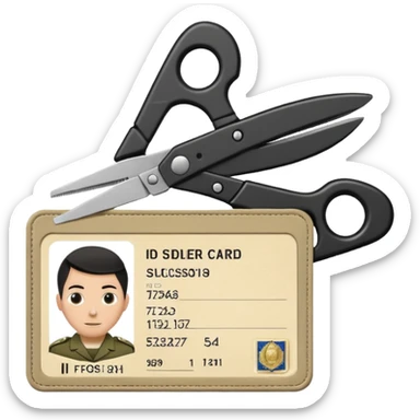 Floating black Scissors cutting in half an idf soldier ID card with a little chip in 2 parts sticker