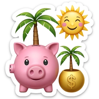 A simple emoji-style icon: A piggy bank with a coin dropping into it, next to a small palm tree and sun, symbolizing saving today for retirement tomorrow. Minimalist, clean design, consistent with emoji aesthetics. sticker