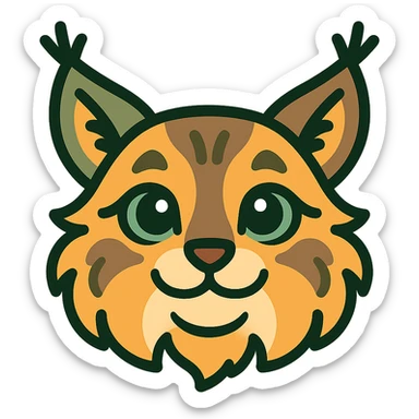 A cute and soft lynx face with big, expressive eyes, designed in a warm and magical color palette: golden orange (FA9B41), forest green (4A7C5C), muted taupe brown (96775A), and pastel peach (FFCC9A). The lynx’s fur is fluffy and soft, with a mix of warm browns and golden highlights. Its ears are tipped with tufts of fur in greenish tones, and its cheeks are gently rounded with subtle peach accents. The eyes are bright and curious, surrounded by soft fur in the warm color palette. The overall look is adorable, serene, and enchanting, evoking a gentle, woodland atmosphere. sticker