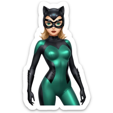 Full body Futuristic Catwoman big blue green eyes with shiny patent leather mask, long false eyashes, most incredible highly detailed Futuristic seductive overall appearance  sticker