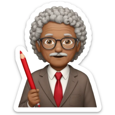 old man teacher, brown skin, curly grey white hai, wearing glasses, brown suit, red tie hold chalk on hand sticker