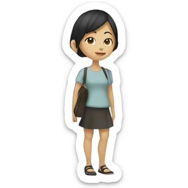 A short hair asian girl stand outside a building named CMC sticker