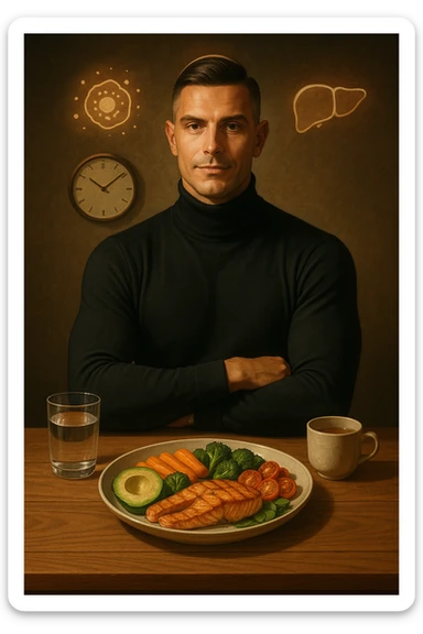 A realistic, cinematic illustration of a healthy, fit man in his early 30s with a calm, disciplined expression, sitting at a clean wooden table in the evening with a single, balanced, nutrient-dense meal in front of him (grilled salmon, colorful vegetables, avocado). The rest of the day he drinks only water and herbal tea, visible in a glass and a simple cup on the side. A wall clock in the background shows 6:00 PM, emphasizing that this is his only meal of the day (OMAD). Subtle glowing icons above him display a regenerating cell, mitochondria, and a liver symbol, representing autophagy, longevity, and health benefits of OMAD. The lighting is warm, with cinematic shadows and natural tones, creating a sense of discipline, mental clarity, and health optimization. The man looks centered and content, showing that OMAD is a conscious choice for energy and regeneration, not restrizione. The scene is realistic with slight film grain for depth sticker