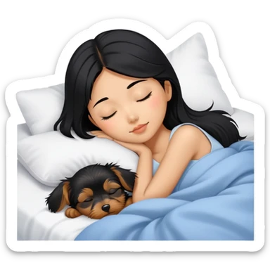 pretty asian girl with black hair sleeping in bed with small yorkshire terrier sticker