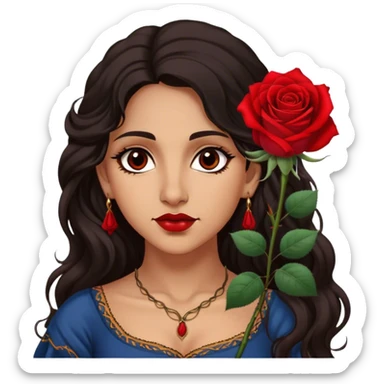 A Romani woman with long, wavy dark hair and a single red rose behind one ear. She has deep eyes and a confident, mysterious expression sticker
