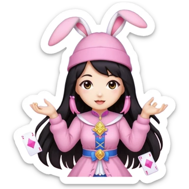 pixel art chibi asian girl with dark long hair in pink bunny ears hat magical girl with kawaii tarot cards thrown in air pixel emoji sticker