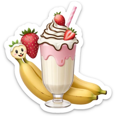Milkshake vanilla with a banana sticking out of it and two strawberries on both sides of the banana at the very tip of the banana, whipped cream and a smiley face sticker