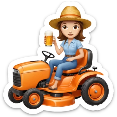 White woman with brown hair, without glasses wearing a straw hat, on old orange ride on lawn mower, holding a beer sticker