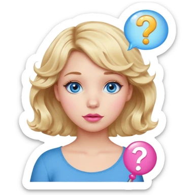 Girl Blonde short wavy hair,  blue eyes, cute blue top, long lashes, pink lips, question mark bubble sticker