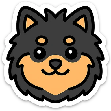 fluffy black and tan Pomeranian dog face, large round eyes, black button nose, tan muzzle, tan eyebrow spots, thick fluffy fur, upright tousled ears, friendly and cute sticker
