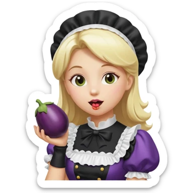A women with blond hair in a black and white maid dress, licking an eggplant sticker
