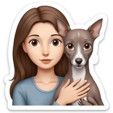 A girl with long brown hair holding a gray Italian Greyhound sticker