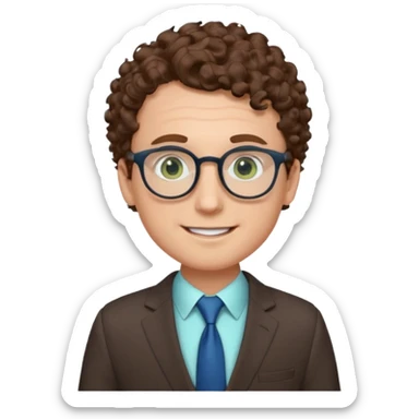 The face of a white man, with blue/green eyes, a large forehead, small and thin round glasses, curly brown hair, wearing a suit, and smiling sticker