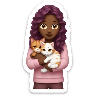 girl with long very dark red purpley wavy hair and dark brown eyes and light pink outfit hugging a white & ginger cat  sticker