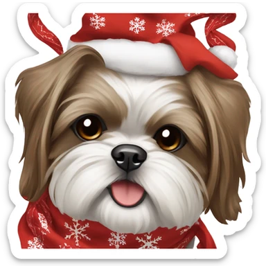 Brown and white Shih Tzu with Christmas scarf sticker