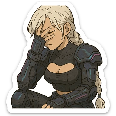  she is wearing armor, maximum power , facepalm smh, a closeup portrait of young woman with gold yellow eyes, white hair, long braid, black off-shoulder top d-cup, punk gothic style, futuristic cyberwave cyberpunk, sitting position sticker