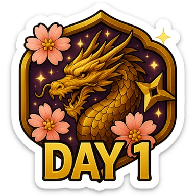 Keep the design looking as close as possible to the previous image with a rich purple background and Japanese crest shape. Include a realistic gold dragon with bright gold accents, sakura flowers, ninja star, and sparkly effects. Add the text 'DAY 1' in bold, easy-to-read anime-style font below the dragon. The image should have a transparent background and be sized for Twitch or Discord use. sticker
