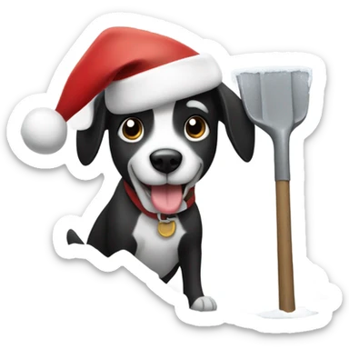 Black and white dog with a santa clause hat on shoveling snow sticker