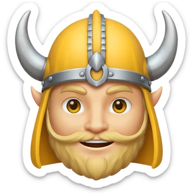 Viking emoji in Messenger style, yellow face, simple eyes, smiling, horned helmet sticker