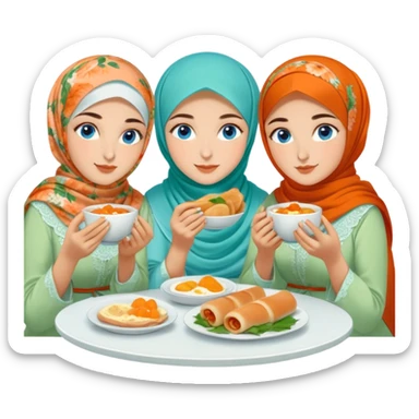 Three sister Turkish girls beautiful finish Konya blue eyes with orange floral hijab and light green dress and eating a Turkish Breakfast sticker