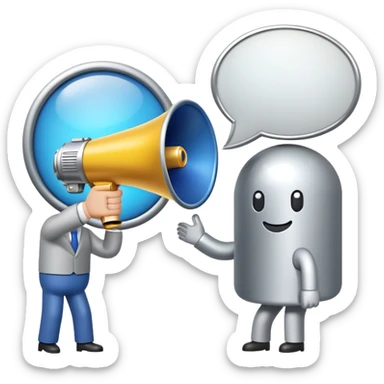 An icon featuring a megaphone, a billboard, and a handshake, symbolizing advertising and public relations. The design includes a speech bubble and media icons, representing communication and brand messaging. Transparent background highlights the influence of PR and marketing strategies. sticker