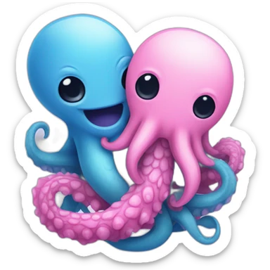 an adorable blue kraken hugging another pink kraken  adorable sticker
