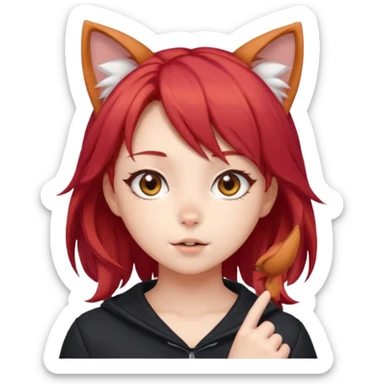 cute anime girl with cat ears, red blowing hair sticker