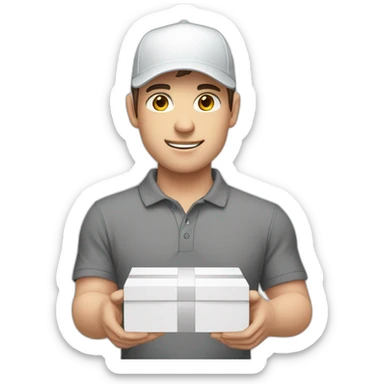 Pale skinned fit Man with dark brown hair in a white cap, gray jeans and dark gray polo T-shirt keeping a pasted with tape white box into his hands sticker