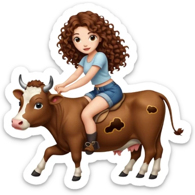 cute woman long curly brown hair tattoos riding gentle cow sticker