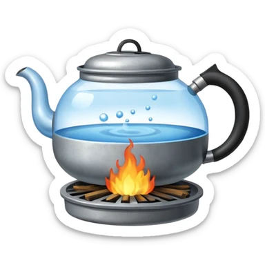 a small pot or kettle filled with water placed on fire, the water is boiling sticker