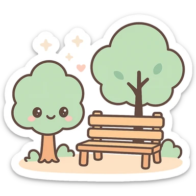 park with trees and a bench, kawaii chibi anime style, flat pastel colors, thick outlines, simple cute features sticker