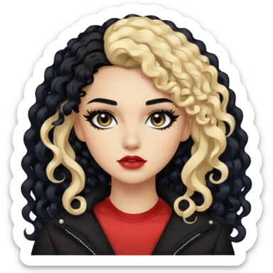 split dye leftside blonde rightside black hair, baddie, pretty makeup, black eyeliner, long and curly hair sticker