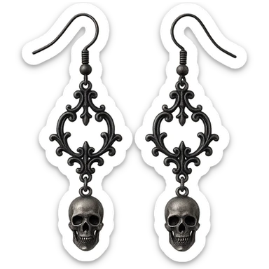 goth earrings, skull charm, dark and ornate, gothic jewelry sticker