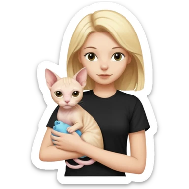 A white girl with blonde hair black T-shirt is holding a white Sphynx cat in her arms sticker