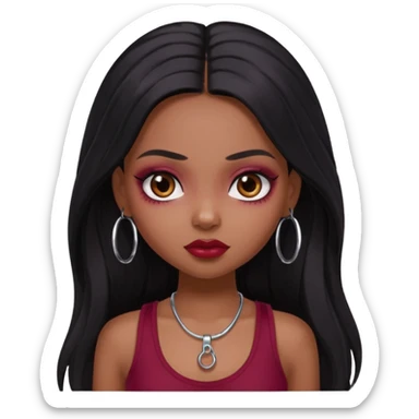 a pretty bratz girl with long black hair, kajal under eyes, small silver hoop. Dark cherry red tank top on.  sticker